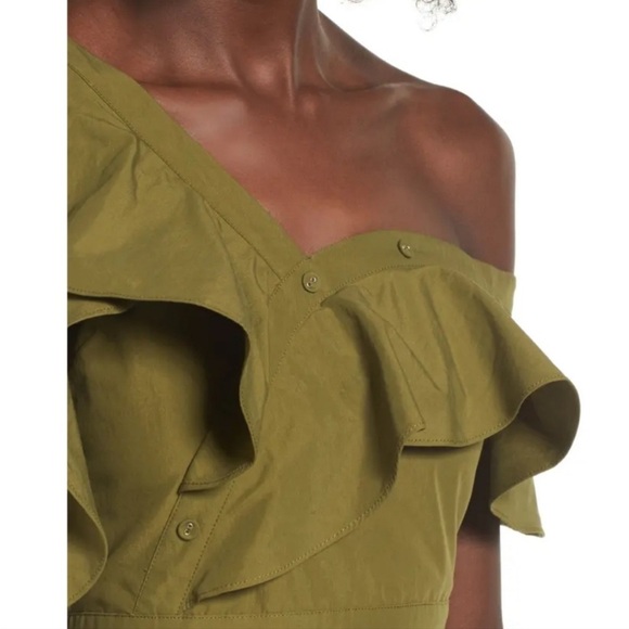 J.O.A olive green asymmetrical ruffle sleeve dress size medium - Picture 3 of 8